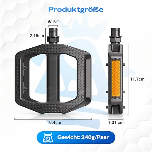 WATSABRO Fahrradpedale mit StVZO-Reflektorstreifen, rutschfest MTB Pedale, 9/16 Zoll | Doppel-DU-Lager | Ultralight Pedale - Für Mountainbike, Rennrad, E-Bike, Trekkingrad & Gravelbike