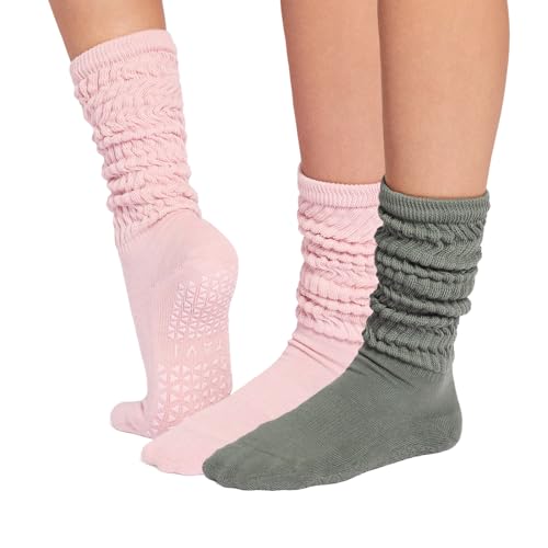 TAVI Stacy Slouch Grip Socks 2-Pack - Pilates Socks for Women with Non-Slip Grippy Sole and Arch Band Support Wear for Yoga Barre Dance Loungewear - Ivy Field/Fleur Heather Medium