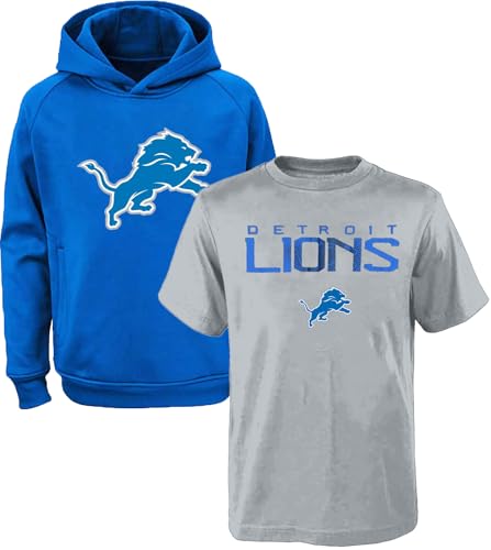 NFL Kids Youth Boys 8-20 Officially Licensed Polyester Performance Primary Logo Hoodie & T-Shirt 2 Pack Combo Set (10-12, Detroit Lions)