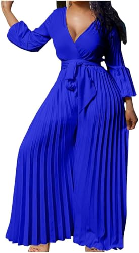 XGWDP Damklänning jumpsuit uppklädd långärmad hög midja brett ben sparkdräkt formell overaller bälte veckad djup V-hals sparkdräkt
