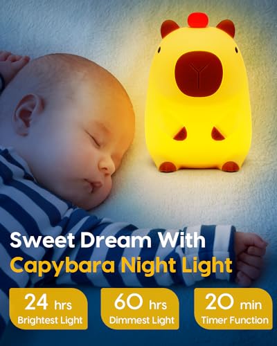 Image of Amaredom Capybara Night Light,Cute Capybara Lamp,Silicone Dimmable Nursery Nightlight,Rechargeable LED Bedside Lamp with 20 Minutes Timer & Tap Control Baby Girls Women Bedrooms,Living Room,Yellow