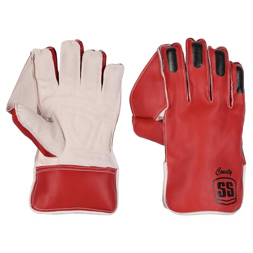 SS County Premium Cricket Wicket Keeping Gloves and Inner Gloves Included Combo, Adult Size - Red