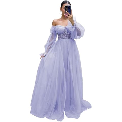 Fokissy Long Sleeve Lavender Tulle Prom Dresses Ball Gown Womens A Line Lace Applique Puffy Formal Evening Gowns Size 14 Cover
