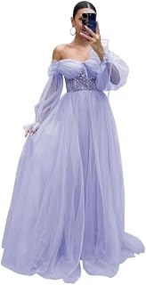 Tulle Prom Dresses with Long Sleeve Ball Gown Womens A Line Lace Applique Puffy Formal Evening Gowns