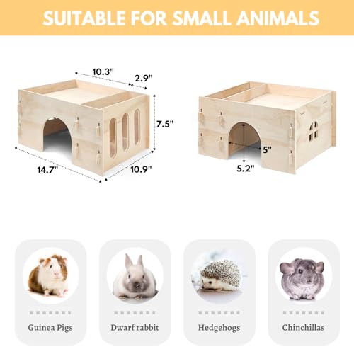 Tierecare Castelo de madeira escondido de porquinho-da-índia com alimentador de feno casa de chinchi