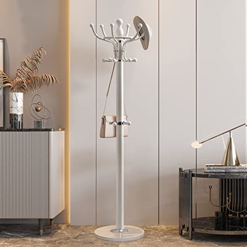 Kertnic Metal Coat Rack Freestanding 16 Hooks, Entry-Way Coat Racks Stand With Natural Marble Base Hall Tree, Easy Assembly For Coat Tree Hats Hanger Holder For Purse, Scarf Rack, Jacket (White) #TOP1