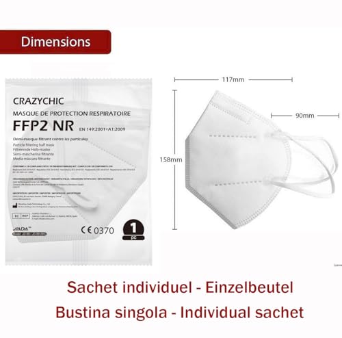 CRAZYCHIC - 10x FFP2 Maske Weiß Atemschutzmaske - Staubschutzmaske - Mundschutzmaske 5 Lagen - EN149:2001+A1:2009 Schutzmaske Hohe Filtration Maske - Hygienisch Einzelverpackt