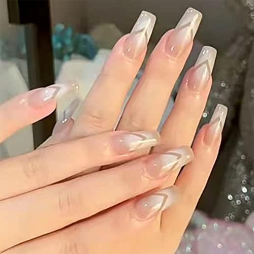 24pcs French Tip False Nails Short, Square Stick on Nails White Tip Press on Nails Removable Glue-on Nails Fake Nails Acrylic Full Cover Nails Women Girls Nail Art Accessories