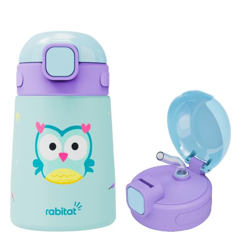 Image of rabitat Milo Stainless Steel Water Bottle 350ml | 2 Year Brand Warranty | BPA Free | Leakproof Steel Sipper Bottle for Kids | Flip Lock Lid with Straw | Easy Carry Handle | Sky Hoot