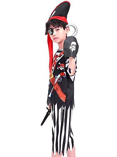 Ikali Pirate Costume For Boys With Hat, Halloween Buccaneer Gift Party Dress Up Outfit Kids Cutlass Sword Caribbean Captain Pretend Role Play 3-10Y #TOP2