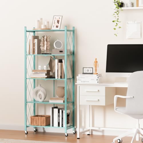 Image of ALANNG 60.6 Inch Folding Bookshelf, 5 Tier Metal Bookcase and Bookshelves | Tall Shelves for Living Room Office Bedroom, Heavy Duty Book Shelve Free Standing Open (Mint Green, 4PACK)