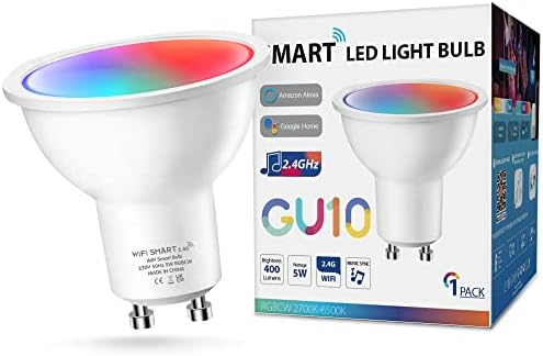 DORESshop GU10 WiFi Smart Bulb, Compatible with Alexa Google Home, 5W RGB LED Spotlight Bulbs, Color Change with Music, Warm to Cool White 2700-6500K, APP-Dimmable, Smart Voice Control, 1 Pack