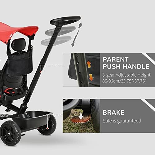 HOMCOM 4-in-1 Kids Tricycle Toddler Trike w/ Reversible Angle Adjustable Removable Seat Adjustable Handle Canopy Handrail Belt Storage Footrest Ages 1-5 Years - Red
