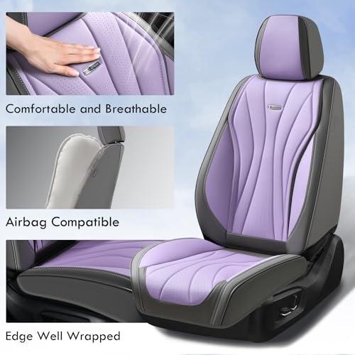 Image of Coverado Front Seat Covers, 2 Pack Leather Seat Cover for Cars, Waterproof Seat Covers, Front Seat Car Seat Protectors, Driver Car Seat Cushions Universal Fit for Most Vehicles, Gray&Purple