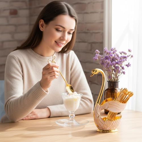 European Style Tea, Coffee and Sugar Canister Set, Decorative Kitchen Storage with Gold White Swan Spoon Holder - Image 5