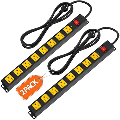 8 Outlet Long Power Strip, 2Pack 2100J Surge Protector Heavy Duty 6FT Cord Wide Spaced and Wall Mount Metal Powerstrip for Home Office Garage Workshop Cover
