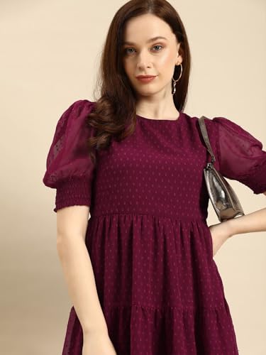 Image of Amazon Brand - INKAST Women A-Line Midi Dress | Puff Sleeves | Perfect for Casual and Semi-Formal Occasions