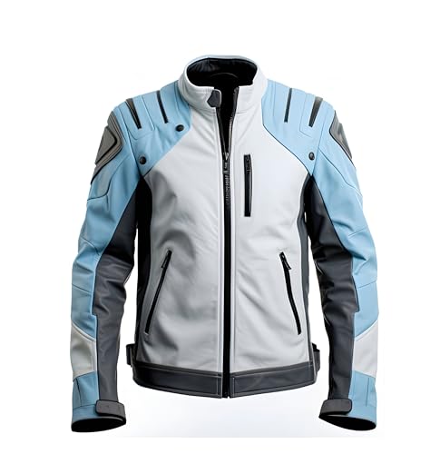Men's Futuristic Motorcycle Leather Jacket – White Blue Biker Coat with Stand Collar, Armor Padding, Zippered Pockets (US, Alpha, Large, Regular, Regular, White & Blue)