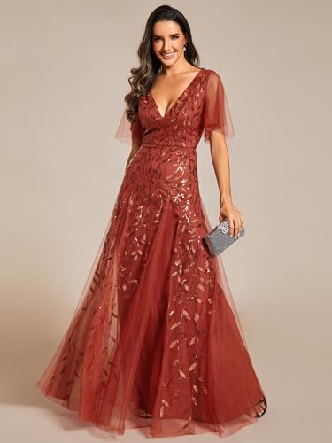 Image of Ever-Pretty Women's Sequin Formal Dresses Evening Gown Sparkly V-Neck Short Sleeve Floor Length Mother of The Bride Dress 736