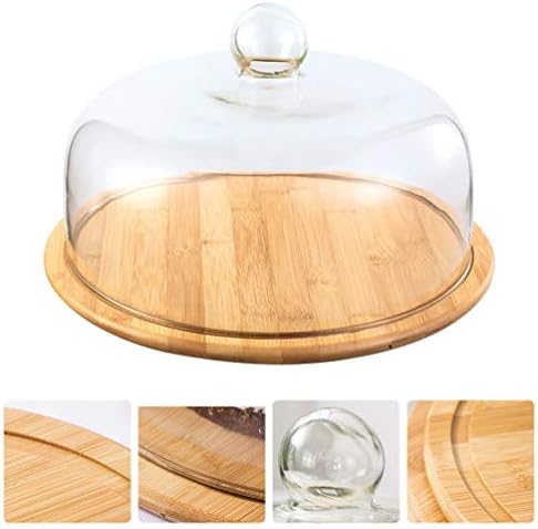 Homoyoyo Wood Cake Stand with Glass Dome Round Cake Plate Candy Snacks Plate Cupcake Holder Display Stand Salad Bowl Serving Platter for Party Wedding Birthday- 24cm