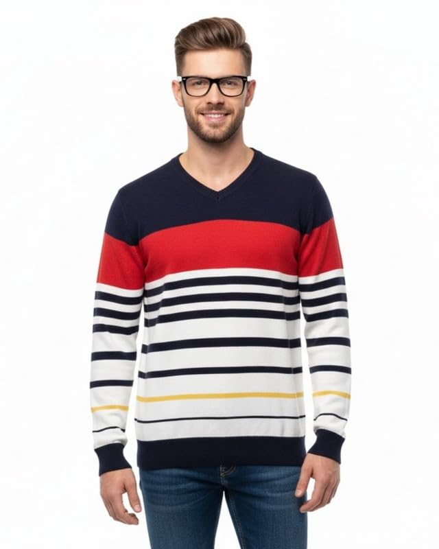 forwards V-Neck Striped Full-Sleeve Knitted Sweater for Men [Pullover]-picture-48