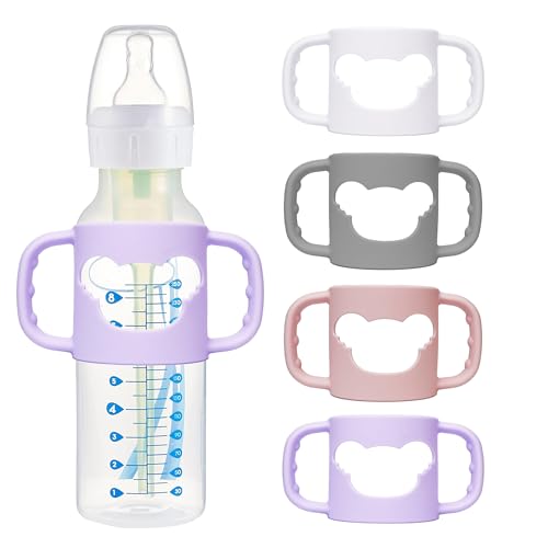 Image of Ami.Todfo 4 Pack Silicone Baby Bottle Handles for Dr. Brown's Narrow & Wide Baby Bottles Hoder, Easy Grip Self-Feeding Universal Bottle Handle, BPA-Free, 100% Silicone, White, Gray, Pink, Purple
