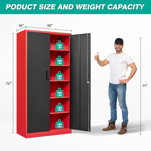 Image of SISESOL Wide & Deep Metal Storage Cabinet with 5 Shelves,72 inch Tall Red Garage Storage Cabinet with Lock,Metal Cabinets with Locking Doors,Lockable Steel Cabinets for Home,Office,Shop,Garage,72x36x18