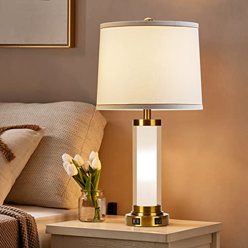 Kivditzo Glass Table Lamp Set Of 2 With Night Light Dual Usb Charging Ports White Round Shade Gold Warm Finish Decor For Living Room And Bedroom. #TOP5