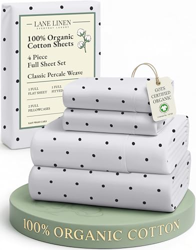 Image of LANE LINEN 100% Organic Cotton Full Sheets Set, Percale Fully Elasticized Mercerized Soft & Comfy Machine Washable Printed Cotton Sheet Set, Eco Friendly Printed Full Size Bedding- Polka Dot