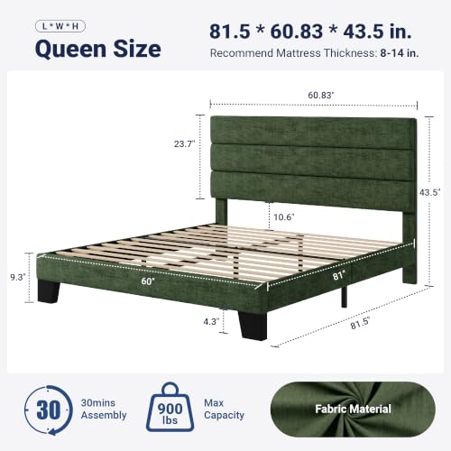 Image of Allewie Queen Size Platform Bed Frame with Fabric Upholstered Headboard and Wooden Slats Support, Fully Upholstered Mattress Foundation /No Box Spring Needed /Easy Assembly, Green