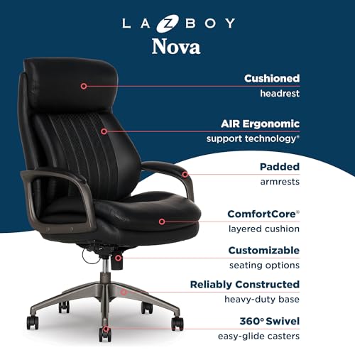 La-Z-Boy Nova Executive Office Chair, Patented AIR Ergonomic Support Technology, High-Back Premium Comfort & Support, Black Vegan PU Leather