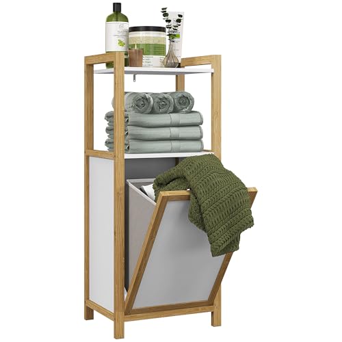 HOMCOM Meuble sur Pied en Bambou avec Panier à Linge Gain de Place Meuble Bas de Salle de Bain 2 étagères 40 x 30 x 86,5 cm