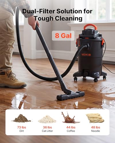 Image of VEVOR 3-in-1 Shop Vac, 8 Gallon Wet Dry Shop Vacuum, 4.5 Peak HP Portable Vacuum Cleaner with Blower, Dual-Filter, 950W Input Power, 1.25in x 7ft Hose, 9.8ft Cord for Jobsite, Workshop, Garage, Home