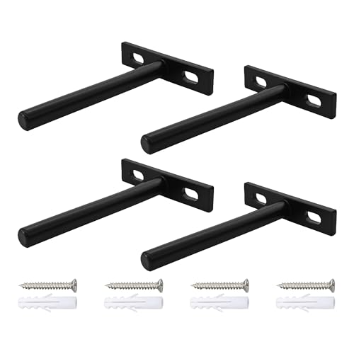AUXBC 4Pcs 4 Inch Black Floating Shelf Brackets, Heavy Duty Hidden Shelf Supports, Concealed Blind Shelf Support for Wood Shelves DIY Home Decor, Includes Screws and Wall Plugs
