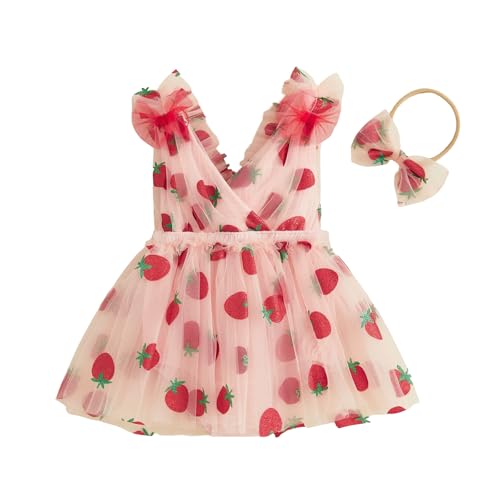 Image of JCOPLY Baby Girl Birthday Outfit Cute Princess Dress Newborn Summer Clothes Sparkle Strawberry Sleeveless V Neck Tulle Romper Dress Bow Headband 0-18M (Pink, 12-18 Months)