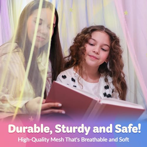 Bollepo Bed Canopy for Girls with Glowing Stars - Canopy Bed Curtains | Fits Single, Twin, Full, Queen Size Kids - Princess Bed Canopy | Rainbow Bedroom Accessories, Netting Room Decor, Ceiling Tent