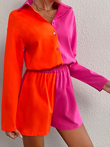 Wdirara Women's Colorblock Shirred Long Sleeve Collared Button Up Romper Shorts Jumpsuit Pink And Orange Xs #TOP24