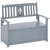 Outsunny 2 Seater Garden Storage Bench, 164L Outdoor Storage Box with Backrest Flower Pattern, Wooden Garden Bench with Armrests, 125 x 68.5 x 97cm, Grey