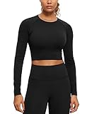 CRZ YOGA Seamless Long Sleeve Shirts for Women Ribbed Workout Tops Athletic Crop Tops Cropped Running Gym Shirts Black Medium