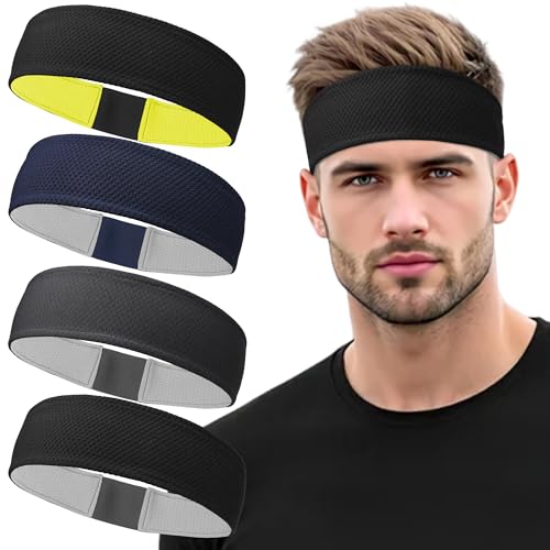 Qearl 4 Pcs Sports Headbands for Men, Non-Slip Moisture Wicking Sweatbands, Breathable Elastic Running Headband for Tennis Fitness Workout