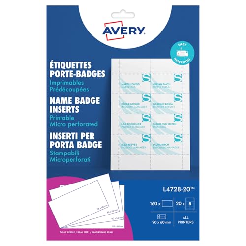 Avery - Avery – 160 inserts imprimables pour badges 90x60 mm – cartes blanches en papier 190 g/m² – format standard carte de visite – impression laser et jet d’encre – personnalisables L4728-20 - -5%