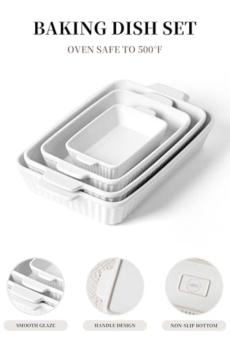 FOBENTA Casserole Dishes for Oven - Ceramic Bakeware Sets of 4, Rectangular Baking Deep Dishes with Handles, Lasagna Pans for Kitchen Cooking & Housewarming, White