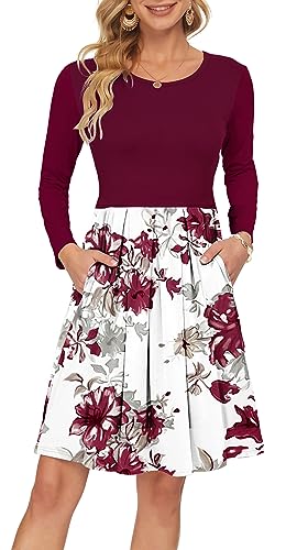 AUSELILY Damen Langarm Plissee Loose Swing Freizeitkleid mit knielangen Taschen Rote Blume Weiß M