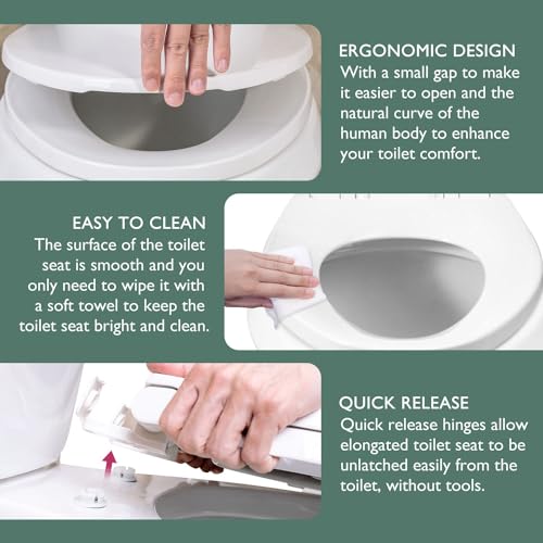 Toilet seat Elongated with Slow Close Hinges, Four Bumpers Never Loosen and Easily Remove, Two Sets of Parts, Plastic, White - Thumbnail 5