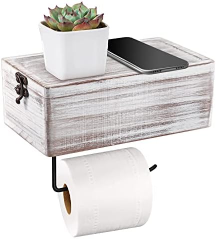 FTUREERA Toilet Paper Holder with Wooden Shelf and Storage, Rustic Toilet Paper Roll Holder with Flushable Wipes Dispenser, Tissue Roll Holder with Shelf and Black Metal for Bathroom and Washroom