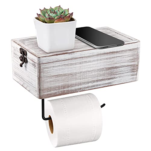 FTUREERA Toilet Paper Holder with Wooden Shelf and Storage, Rustic Toilet Paper Roll Holder with Flushable Wipes Dispenser, Tissue Roll Holder with Shelf and Black Metal for Bathroom and Washroom