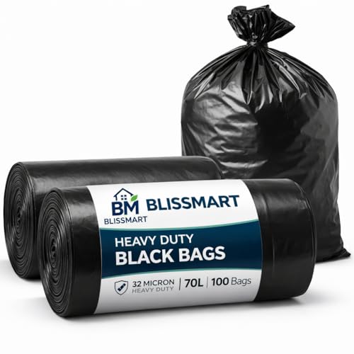 BLISSMART Black Bin Bags 70 Litre 100 Pack – 32 Micron Heavy Duty Bin Liners, Refuse Sacks for Kitchen Swing & Pedal Bins, Strong Leak Resistant Rubbish Bin Bags 70L Home Garden Office Waste Bag