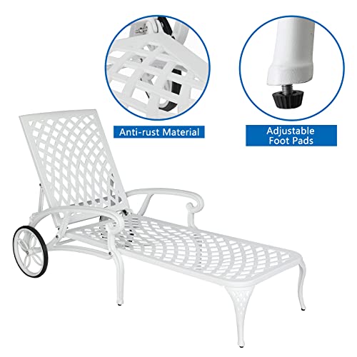 Vingli Cast Aluminum Outdoor Chaise Lounge Chair With Wheels, Patio Chaise Lounge With 3-Position Adjustable Backrest, Chaise Lounge Outdoor Tanning Chair Patio Lounge Chair (White, Without Cushion) #TOP5