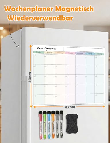 SONNELD Monatsplaner Abwischbar Magnetischer für Kühlschrank, Wiederverwendbarer Whiteboard Wochenplaner mit 6 Stiften & Radierer, für Küche, Büro, Schule, the Family Plan To do Liste 42 x 30 cm