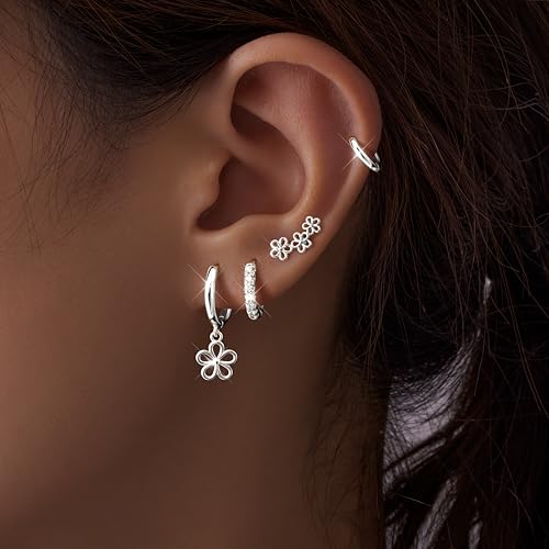 Image of Small Gold Huggie Hoop Earrings Set for Women Men Hypoallergenic 14K Plated Stack Cartilage Earrings, Sterling Silver Multiple Piercing Lightweight Mini Thin Cute Dainty Trendy Jewelry Gifts for Women